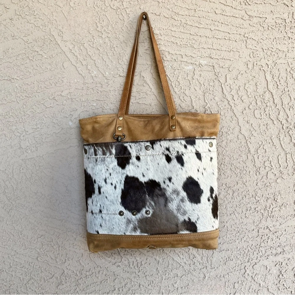 MYRA BAG Tan White Brown Cowhide Cow Print Calf Hair Genuine Leather Tote Bag